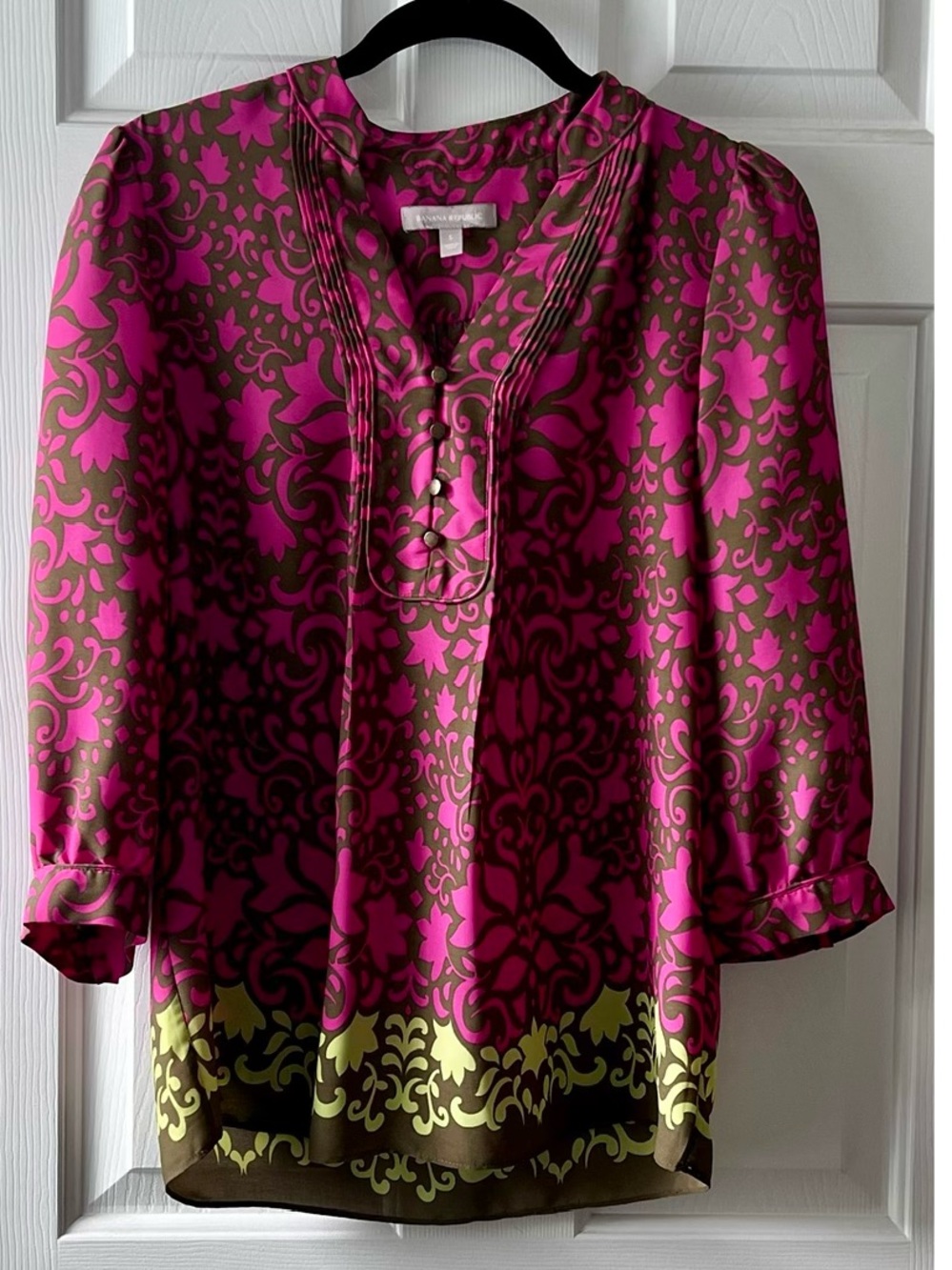 Banana Republic Pink and Brown Printed Tunic Blouse with Olive Border
